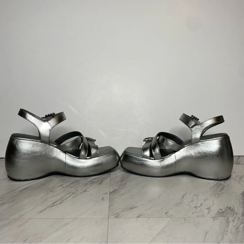 New! Free People Brooklyn Silver Leather Ankle Strap Sandal 9 1/2